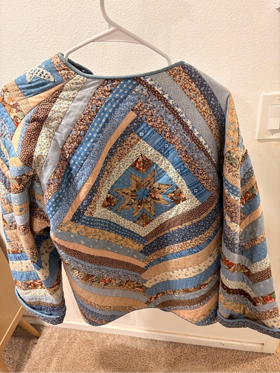 Handmade Jackets & Blazers - Handmade 1970s Quilted Patchwork Jacket in Blue and Tan - Women's Cozy Coat
